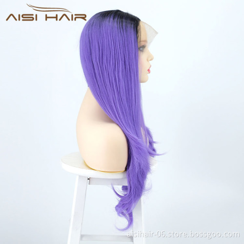 Aisi Hair New Design Party Body Wave Curly Long Wavy Ombre Purple Lace Frontal Synthetic Hair For Black Women Lace Front Wig